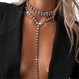 Gold Crystal Y Lariat Choker Rhinestone Drop Tassel Necklace New Years